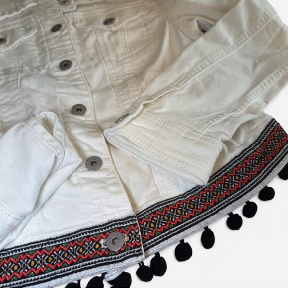 Anthropologie Denim Jacket x Pilcro & The Letterpress White Cropped w/ PomPoms - Picture 3 of 7